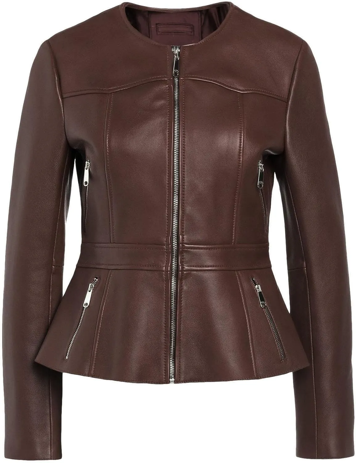 Women's Peplum Leather Jacket, Zip Front, Pockets, Brown,