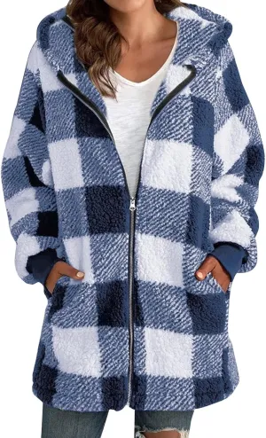 Women's Plaid Lined Hooded Jacket With Pocket Zip Up Oversized Fuzzy Coat Checkered Flannel Hoodie Thick Plush Outerwear