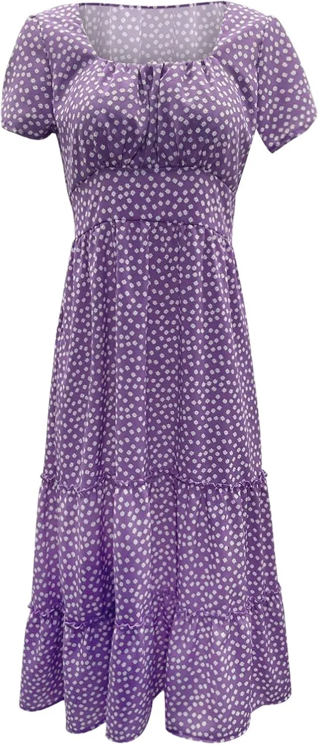 Womens Polka Dot Summer Maxi Dresses Square Neck Boho Tiered Flowy Long Dress Trendy Smocked Ruffle Hem A-Line Dresses