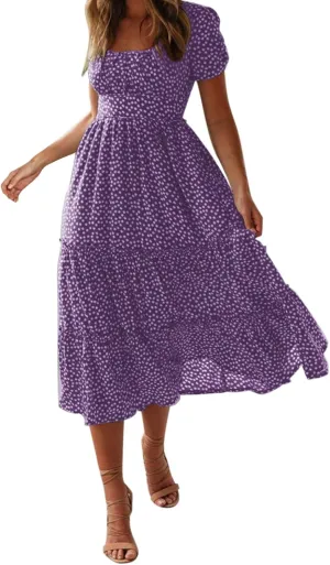 Womens Polka Dot Summer Maxi Dresses Square Neck Boho Tiered Flowy Long Dress Trendy Smocked Ruffle Hem A-Line Dresses