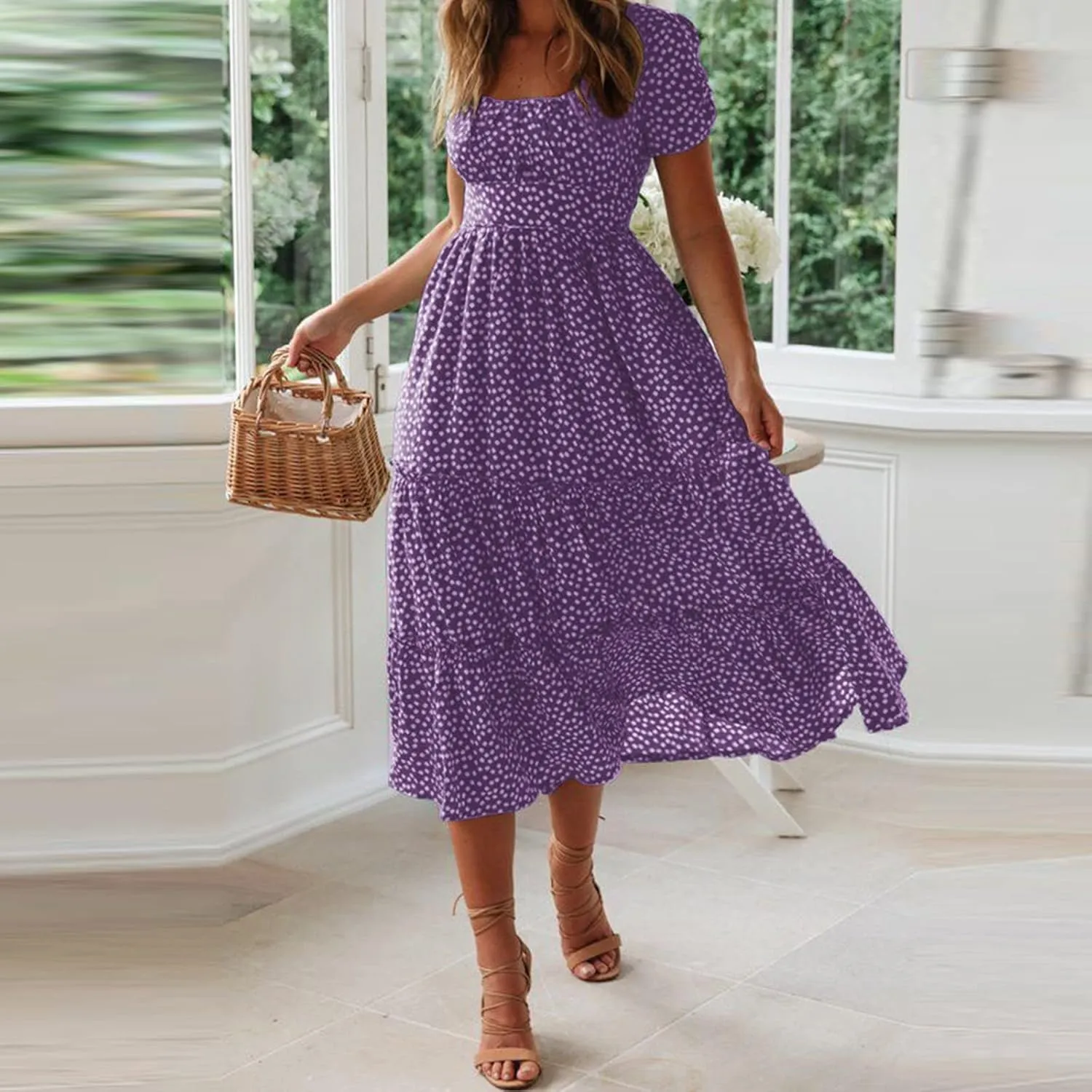 Womens Polka Dot Summer Maxi Dresses Square Neck Boho Tiered Flowy Long Dress Trendy Smocked Ruffle Hem A-Line Dresses