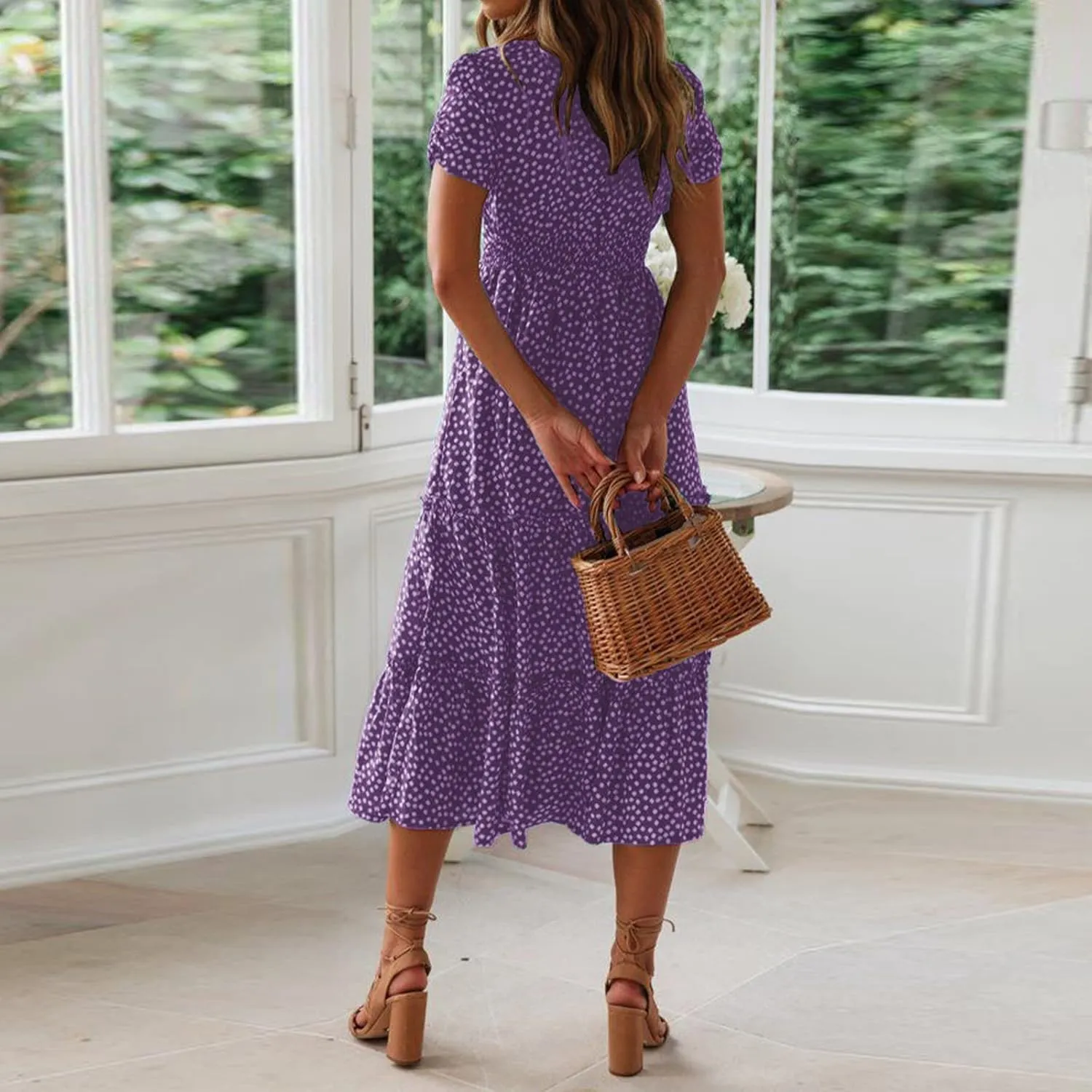 Womens Polka Dot Summer Maxi Dresses Square Neck Boho Tiered Flowy Long Dress Trendy Smocked Ruffle Hem A-Line Dresses