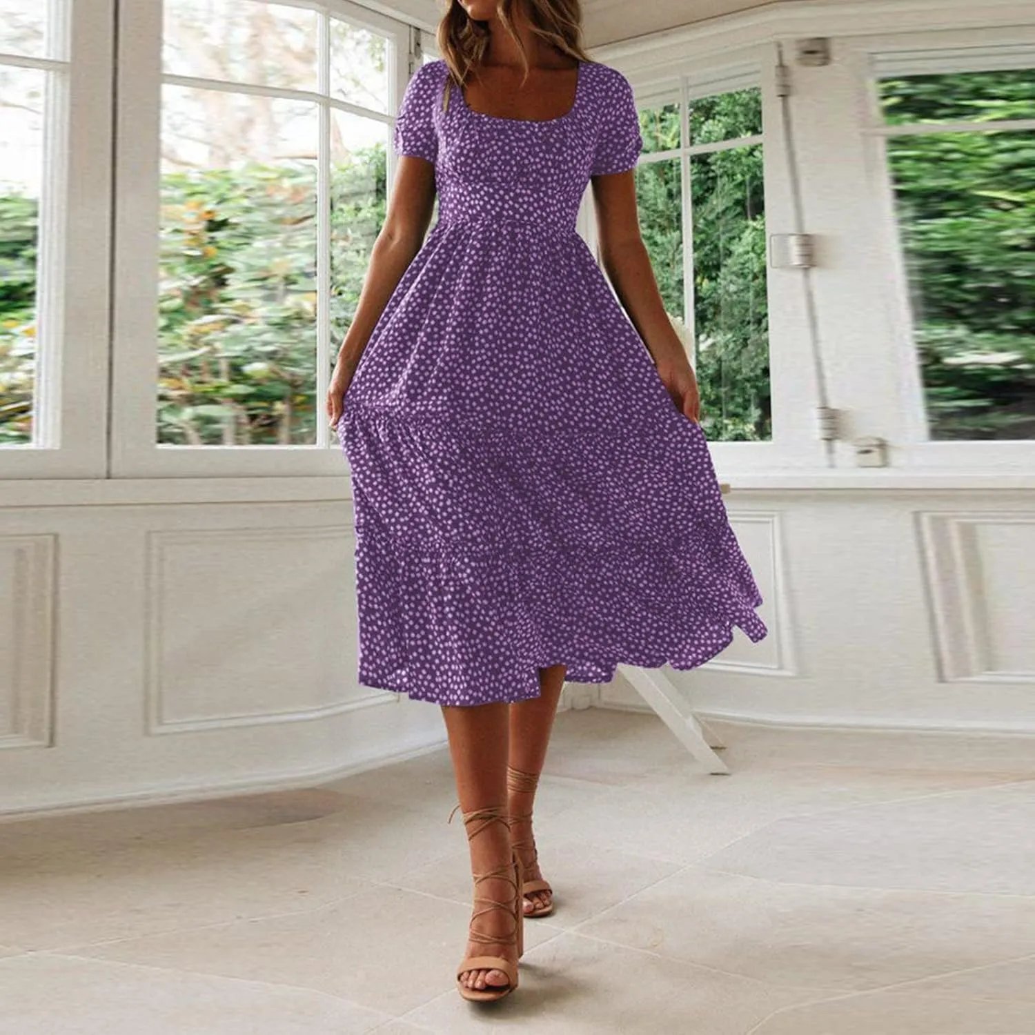 Womens Polka Dot Summer Maxi Dresses Square Neck Boho Tiered Flowy Long Dress Trendy Smocked Ruffle Hem A-Line Dresses
