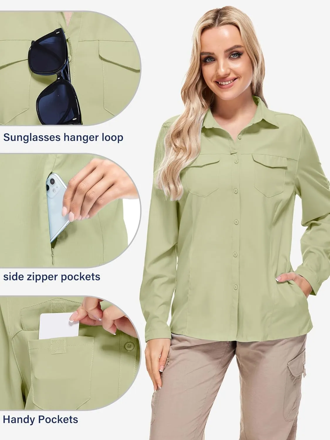 Women's Safari Clothes Long Sleeve UPF50 Sun Protection Quick Dry Shirts Hiking Camping Fishing Trave Teen Girl