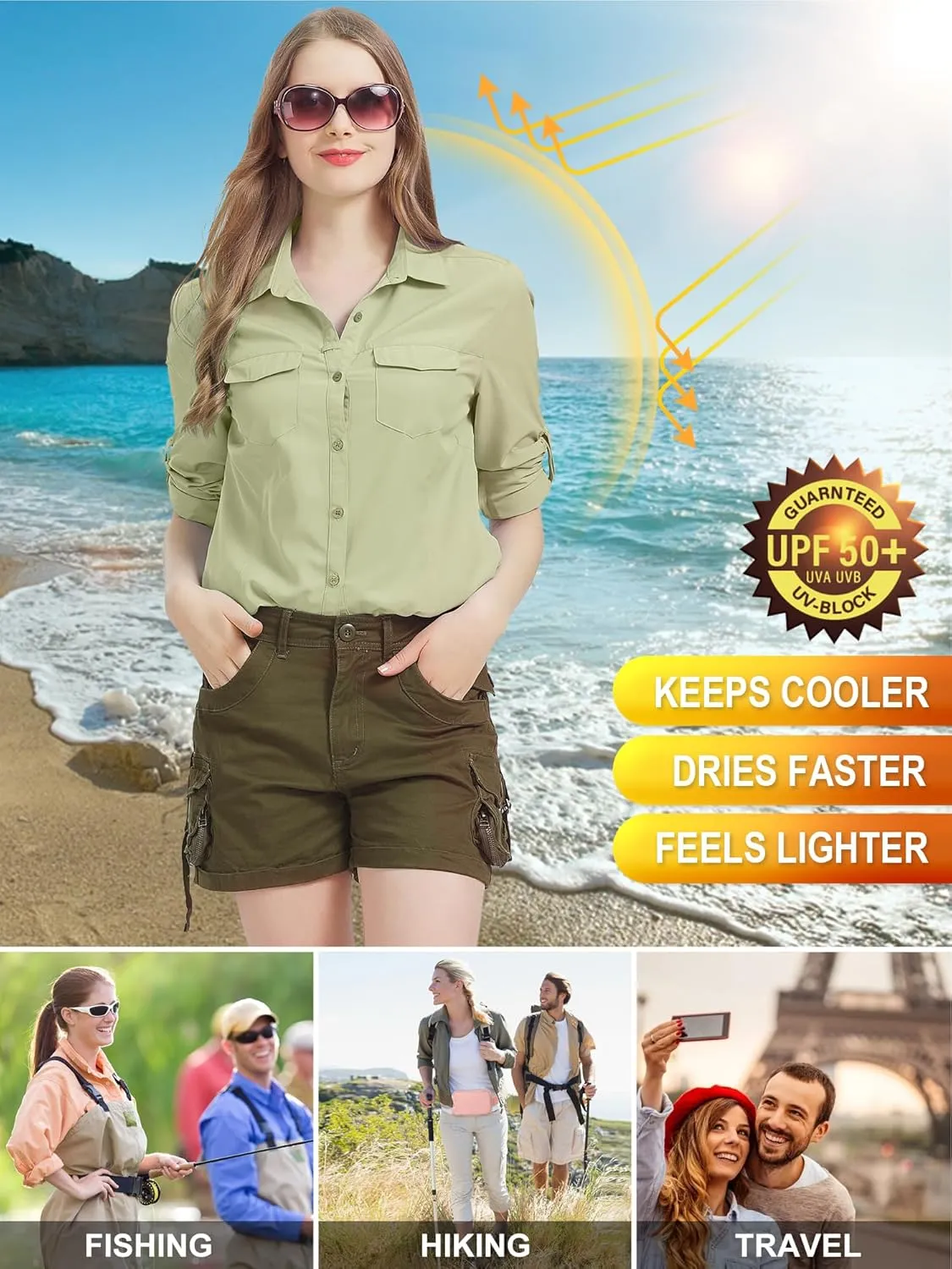 Women's Safari Clothes Long Sleeve UPF50 Sun Protection Quick Dry Shirts Hiking Camping Fishing Trave Teen Girl