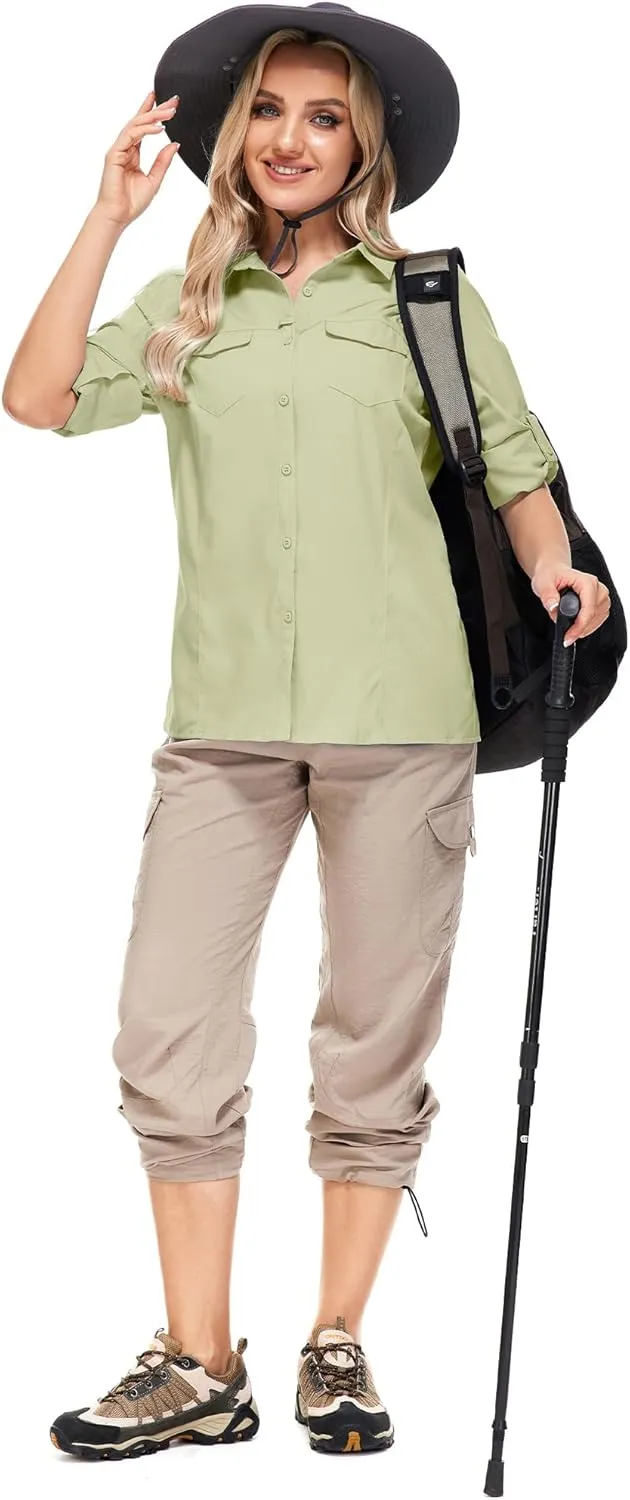 Women's Safari Clothes Long Sleeve UPF50 Sun Protection Quick Dry Shirts Hiking Camping Fishing Trave Teen Girl