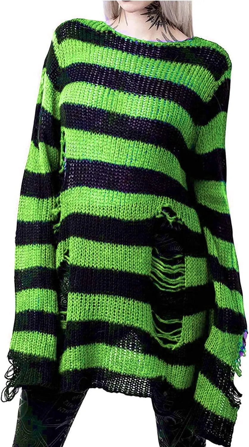 Women's See Through Hole Ripped Striped Long Knit Pullover Dress Sweaters Shirt