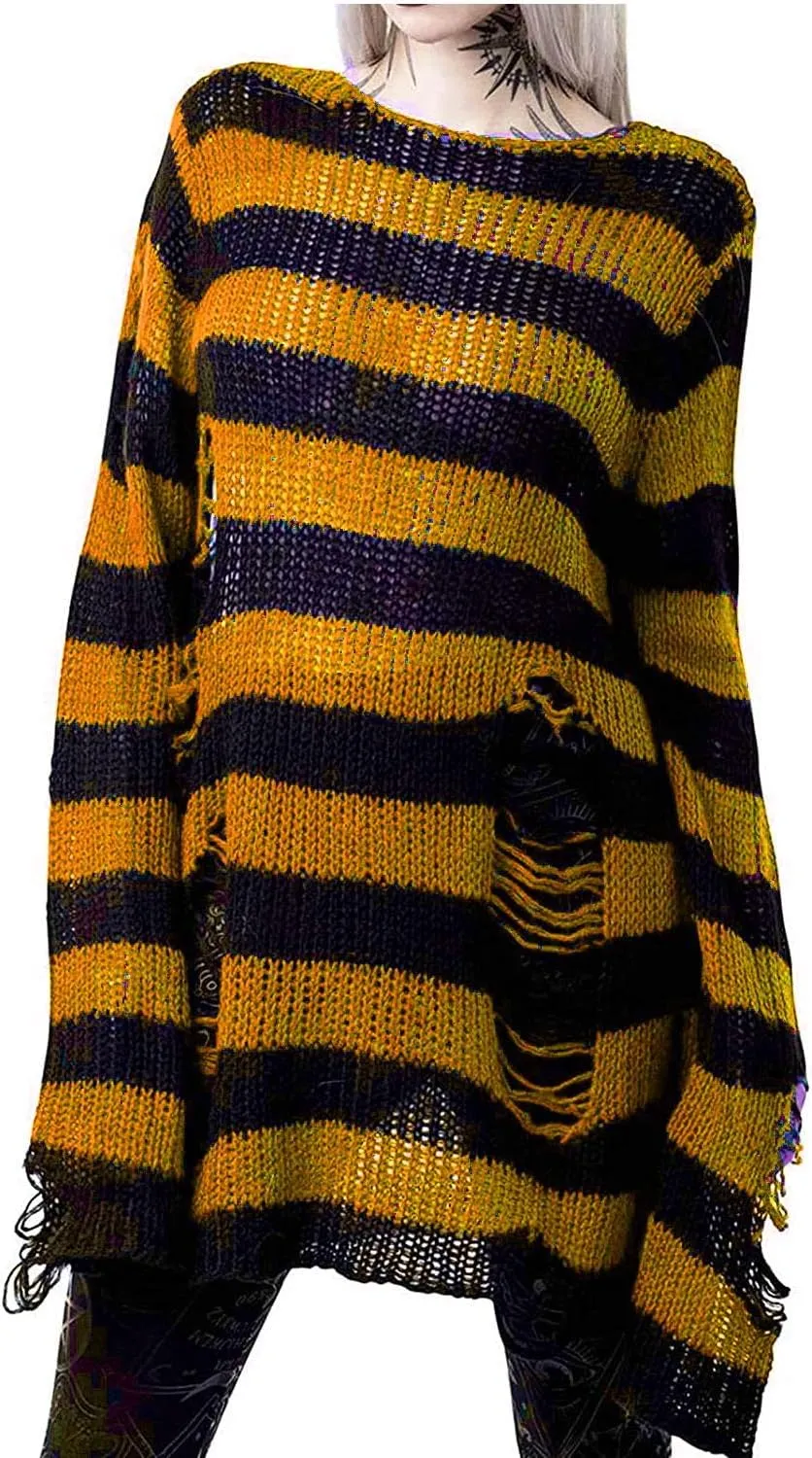 Women's See Through Hole Ripped Striped Long Knit Pullover Dress Sweaters Shirt