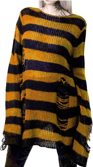 Women's See Through Hole Ripped Striped Long Knit Pullover Dress Sweaters Shirt
