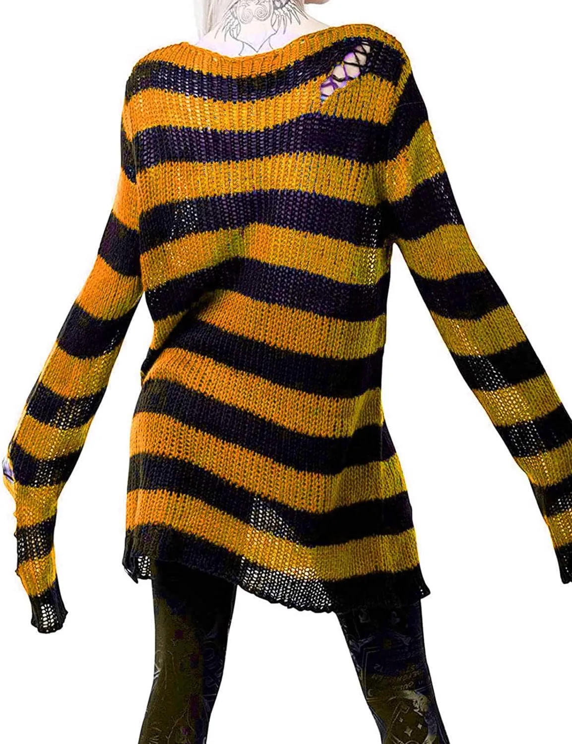 Women's See Through Hole Ripped Striped Long Knit Pullover Dress Sweaters Shirt