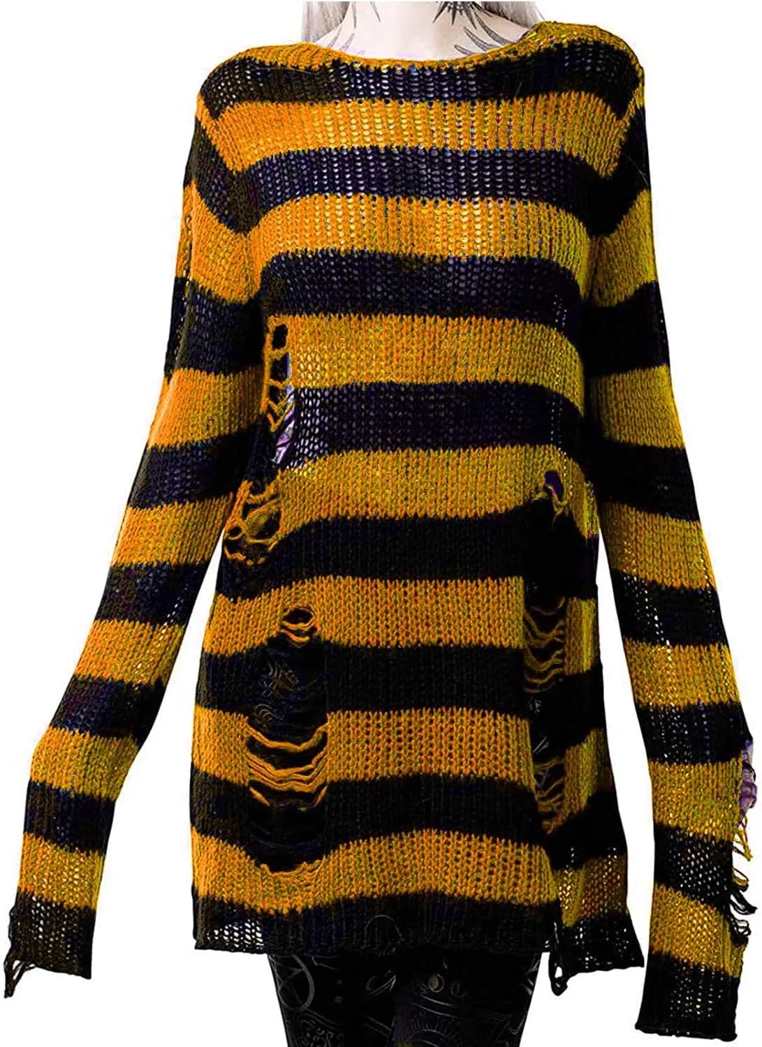 Women's See Through Hole Ripped Striped Long Knit Pullover Dress Sweaters Shirt