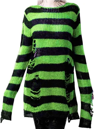 Women's See Through Hole Ripped Striped Long Knit Pullover Dress Sweaters Shirt