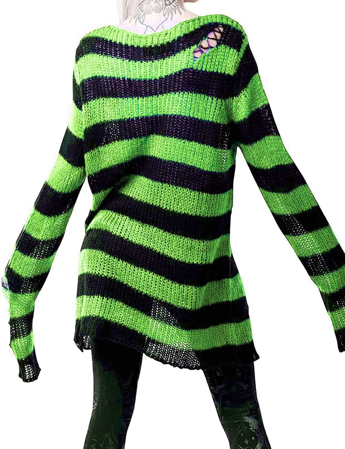 Women's See Through Hole Ripped Striped Long Knit Pullover Dress Sweaters Shirt