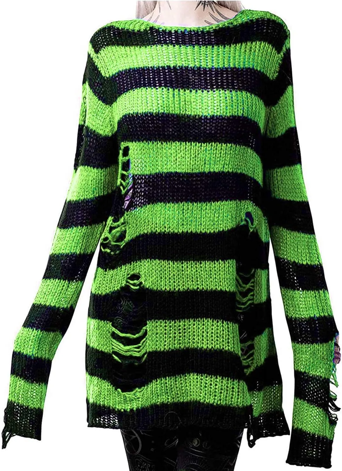 Women's See Through Hole Ripped Striped Long Knit Pullover Dress Sweaters Shirt