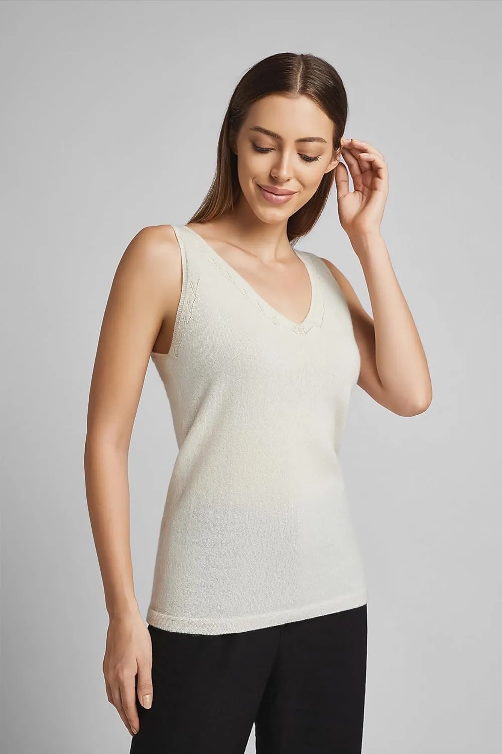 Women's Sleeveless V-Neck Cashmere Camisole,Tank Tops, White