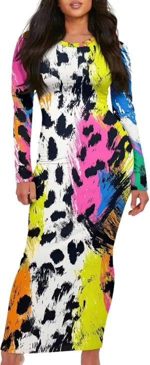 Women's Solid Long Sleeve Scoop Neck Pencil Bodycon Maxi Dress