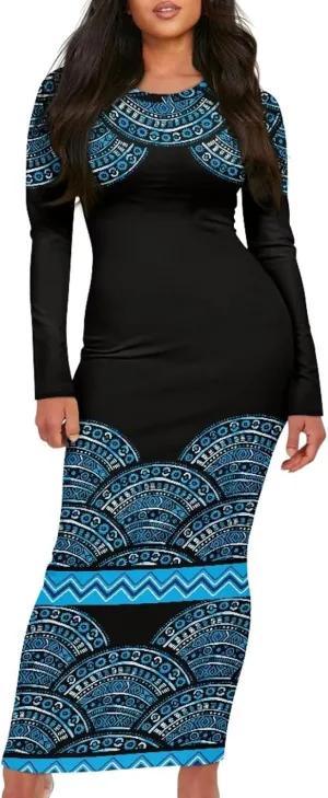 Women's Solid Long Sleeve Scoop Neck Pencil Bodycon Maxi Dress