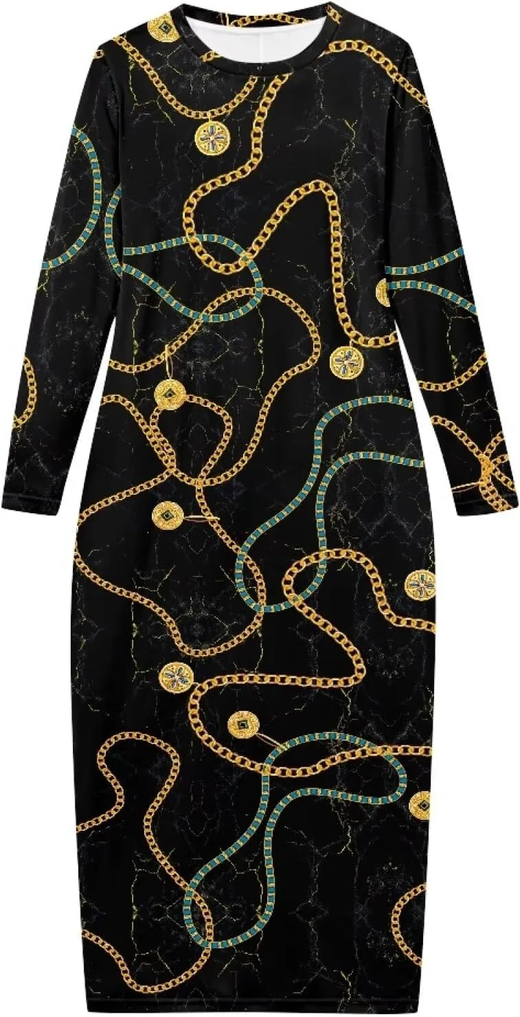 Women's Solid Long Sleeve Scoop Neck Pencil Bodycon Maxi Dress