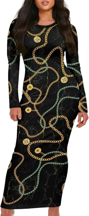 Women's Solid Long Sleeve Scoop Neck Pencil Bodycon Maxi Dress