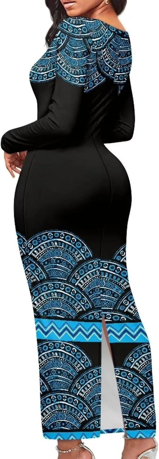 Women's Solid Long Sleeve Scoop Neck Pencil Bodycon Maxi Dress