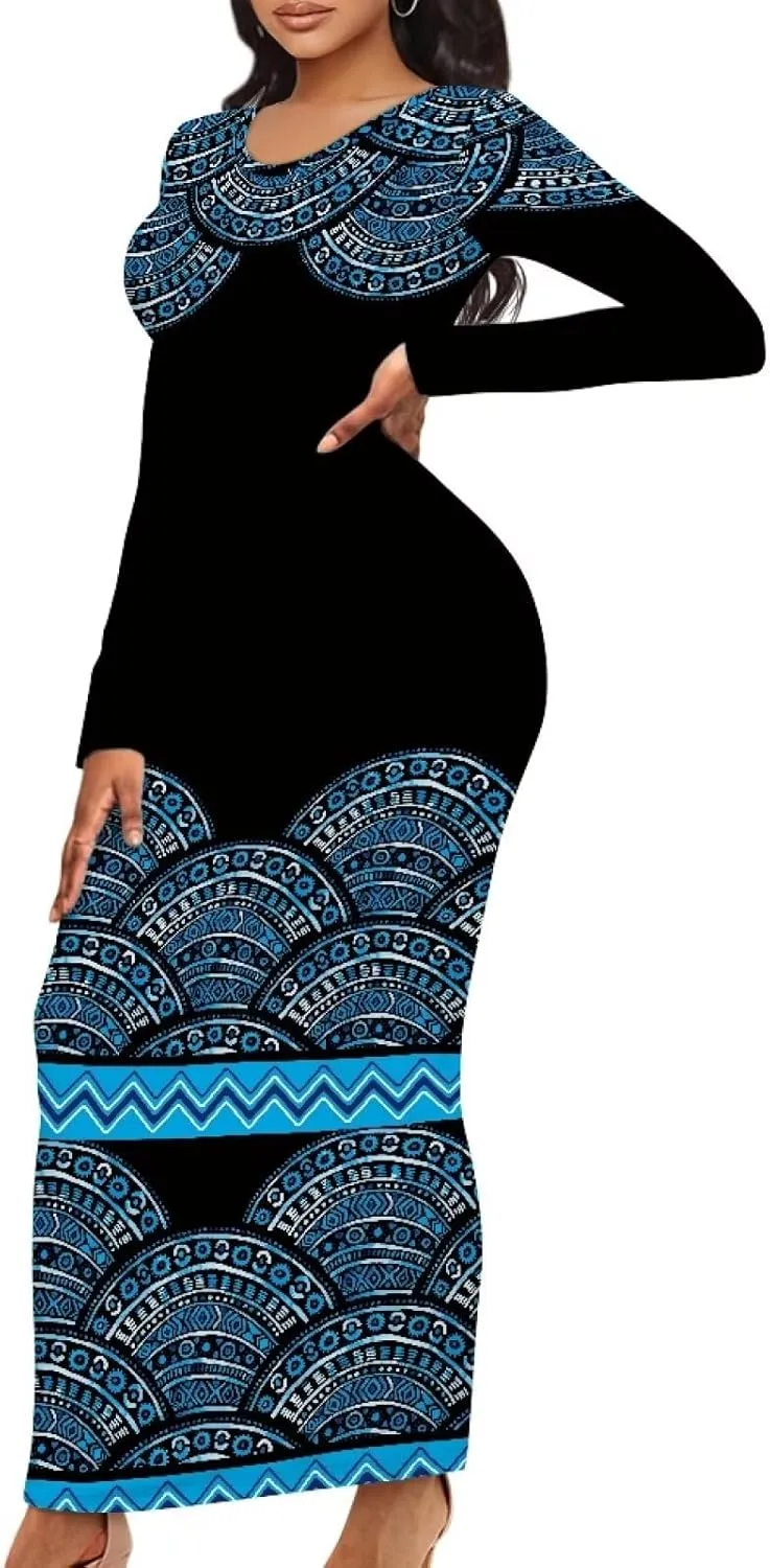 Women's Solid Long Sleeve Scoop Neck Pencil Bodycon Maxi Dress