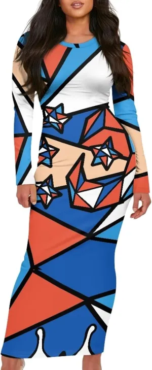 Women's Solid Long Sleeve Scoop Neck Pencil Bodycon Maxi Dress