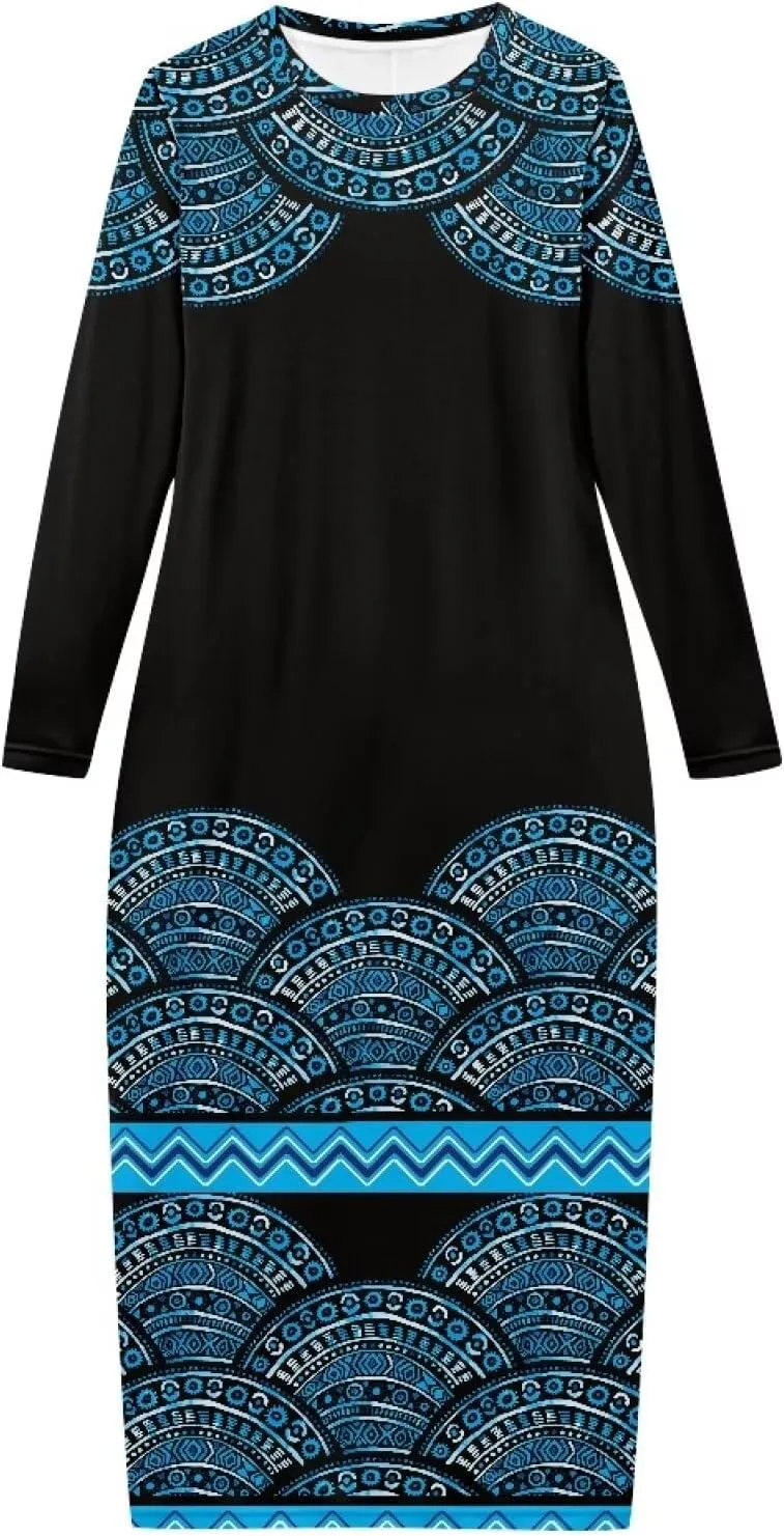 Women's Solid Long Sleeve Scoop Neck Pencil Bodycon Maxi Dress