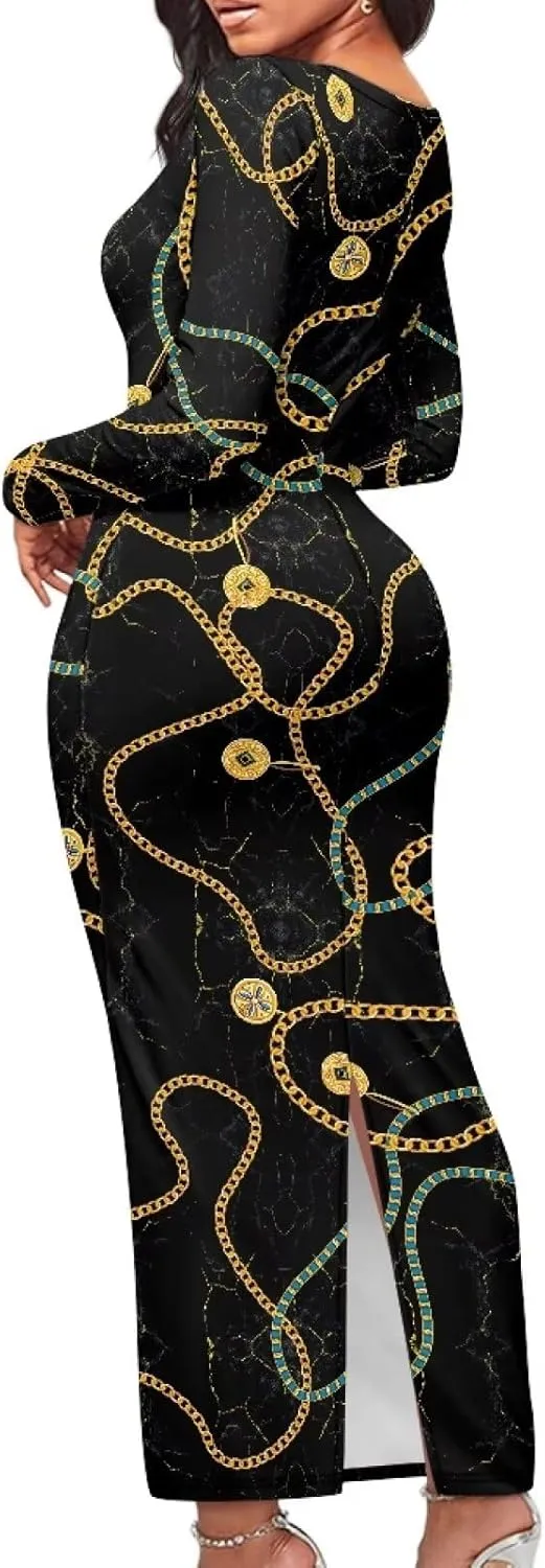 Women's Solid Long Sleeve Scoop Neck Pencil Bodycon Maxi Dress