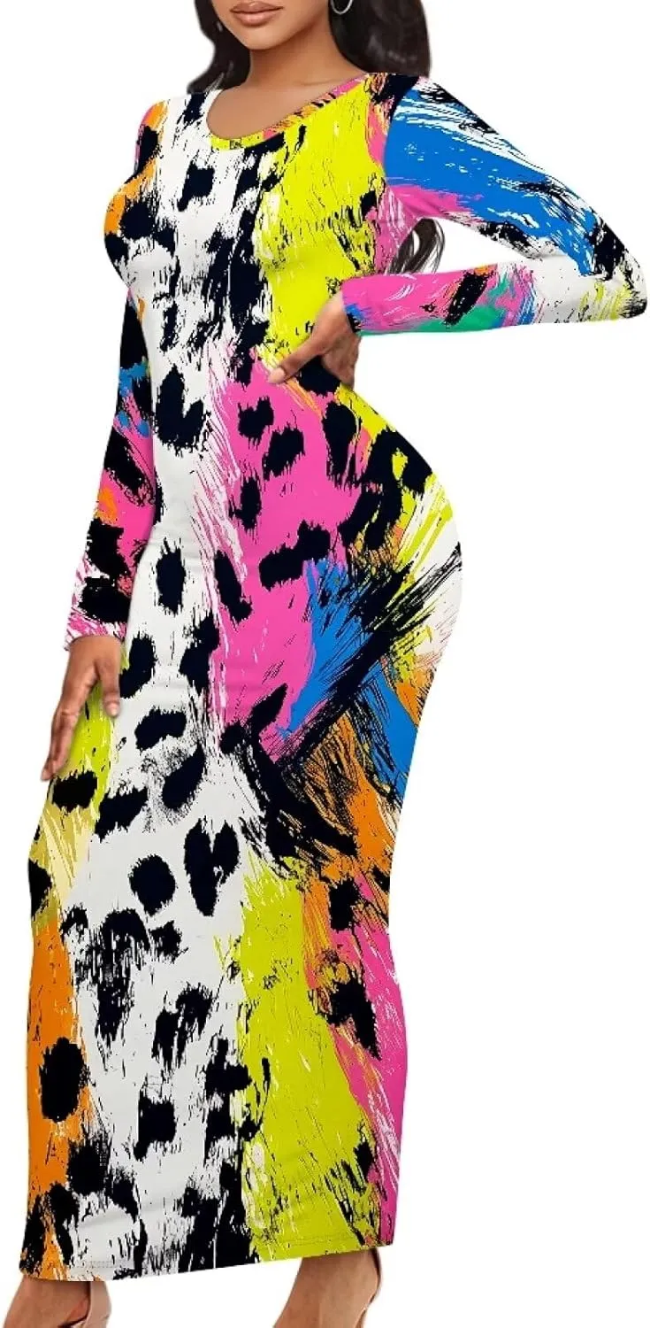 Women's Solid Long Sleeve Scoop Neck Pencil Bodycon Maxi Dress
