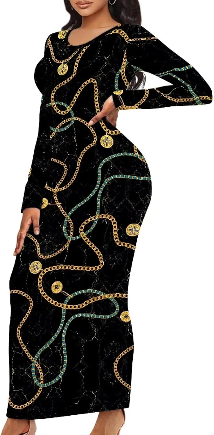 Women's Solid Long Sleeve Scoop Neck Pencil Bodycon Maxi Dress