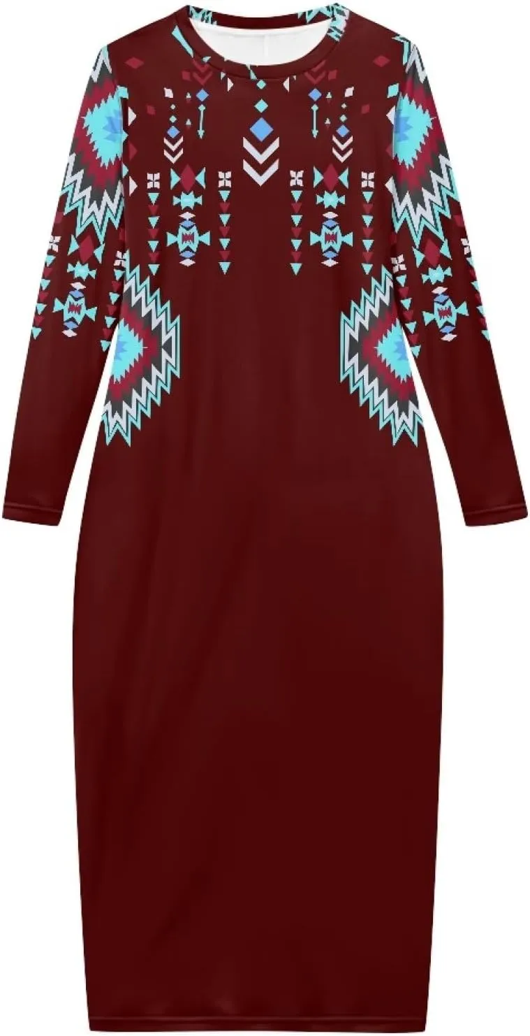 Women's Solid Long Sleeve Scoop Neck Pencil Bodycon Maxi Dress