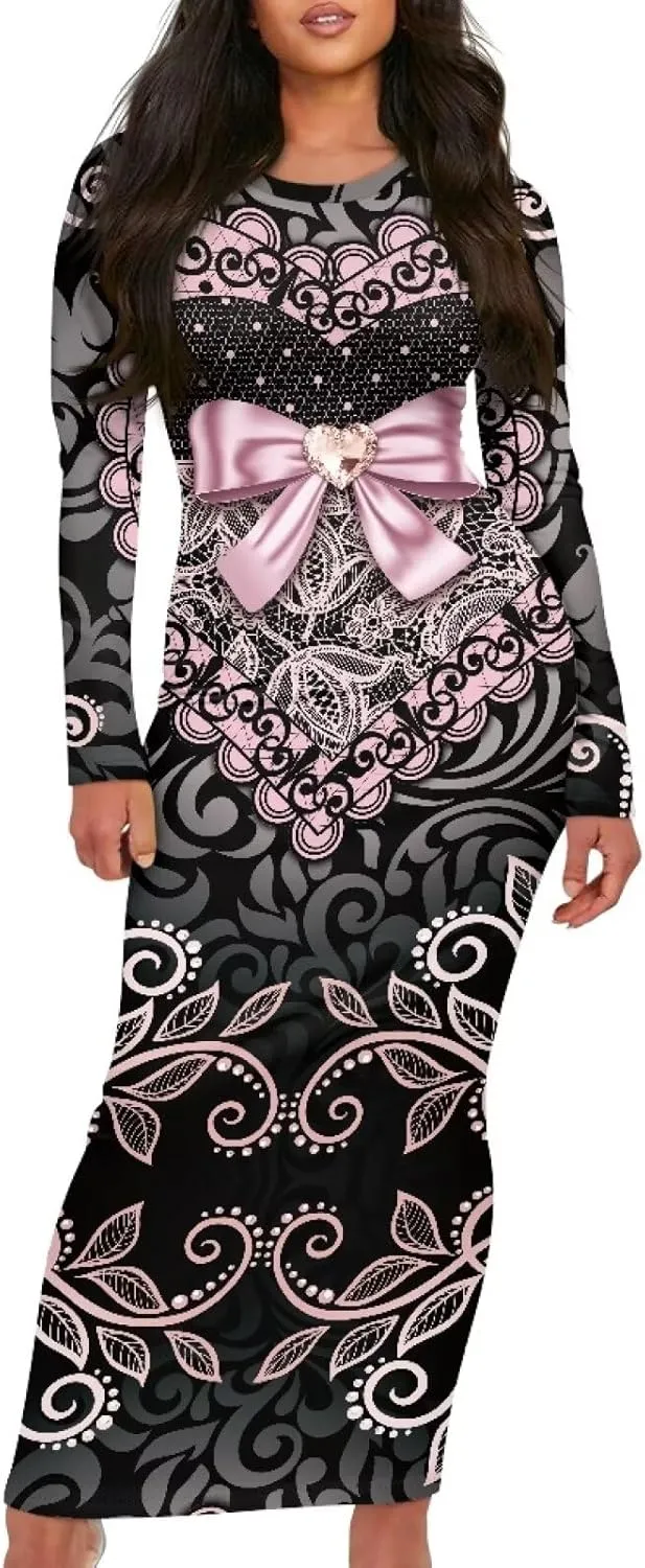 Women's Solid Long Sleeve Scoop Neck Pencil Bodycon Maxi Dress