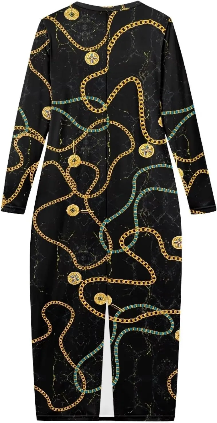 Women's Solid Long Sleeve Scoop Neck Pencil Bodycon Maxi Dress