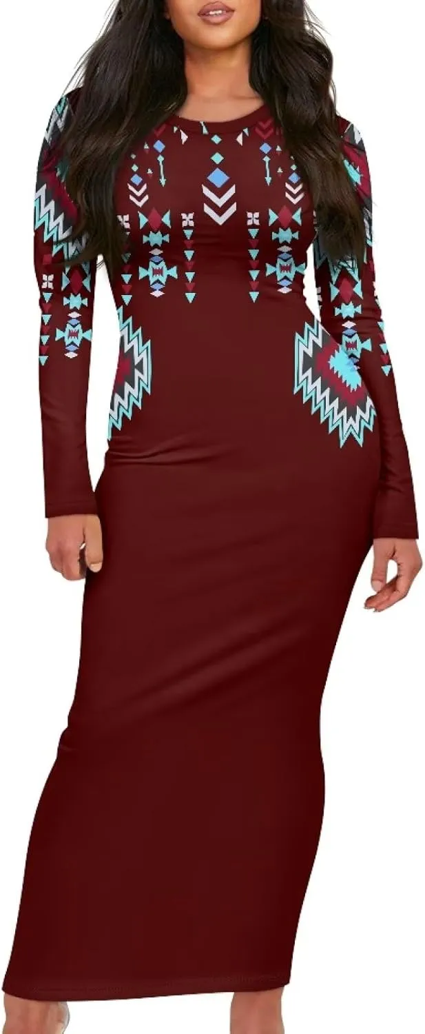 Women's Solid Long Sleeve Scoop Neck Pencil Bodycon Maxi Dress