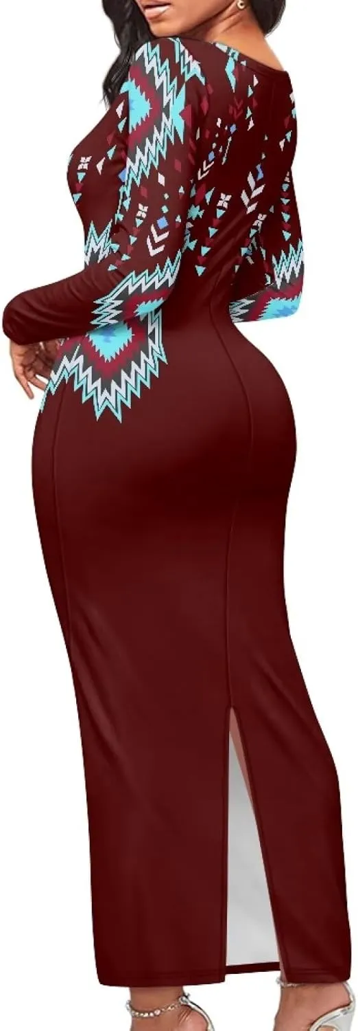 Women's Solid Long Sleeve Scoop Neck Pencil Bodycon Maxi Dress