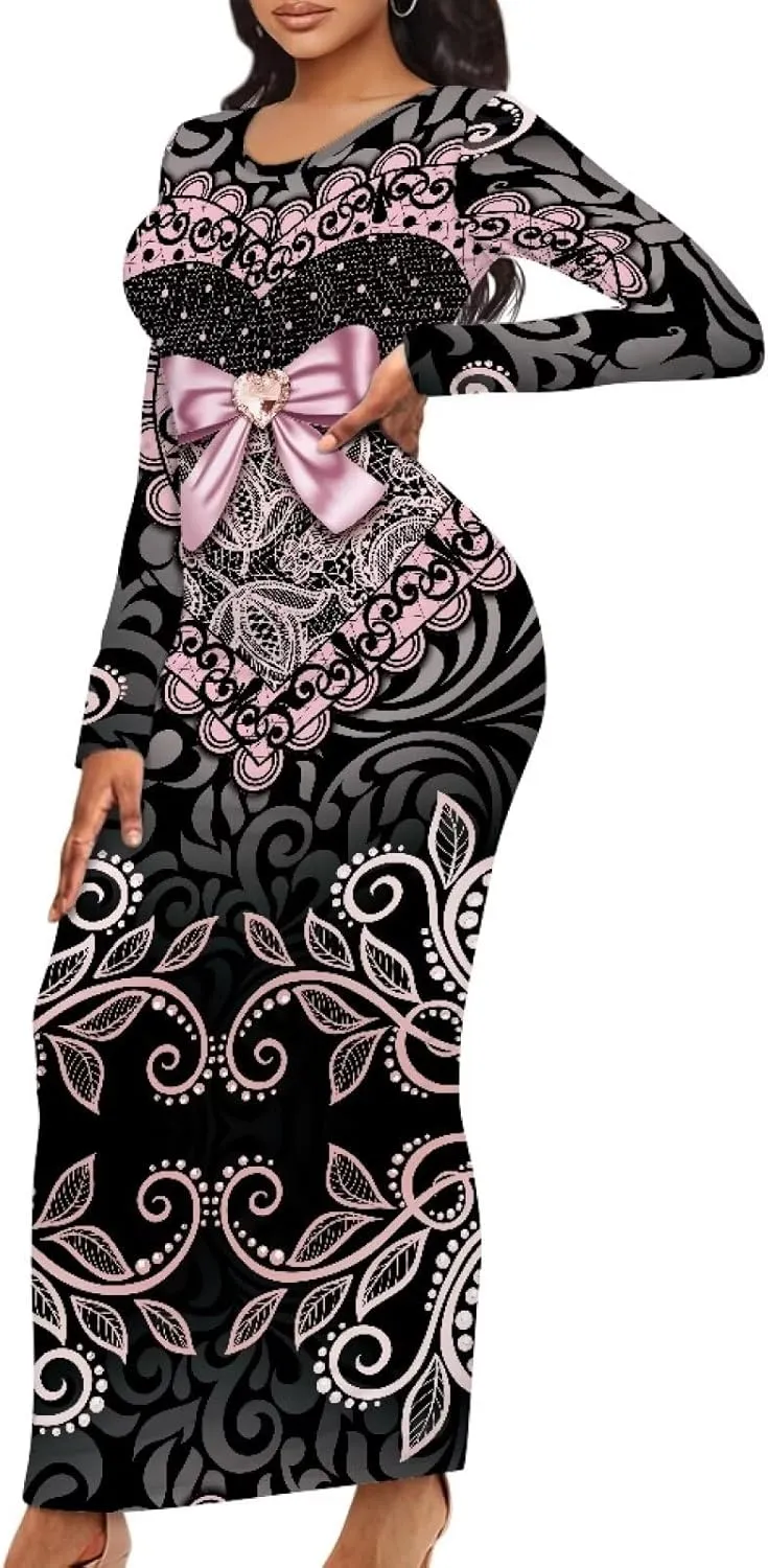 Women's Solid Long Sleeve Scoop Neck Pencil Bodycon Maxi Dress