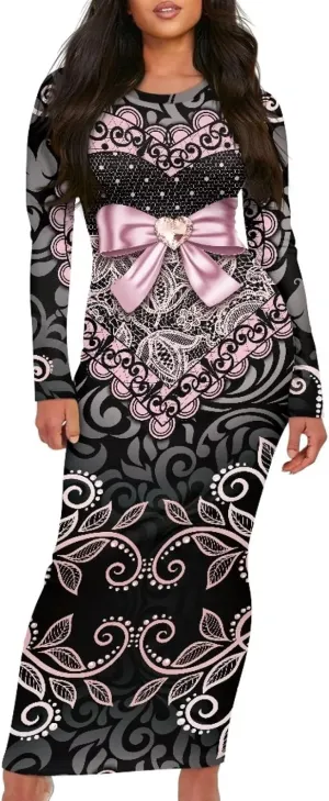 Women's Solid Long Sleeve Scoop Neck Pencil Bodycon Maxi Dress