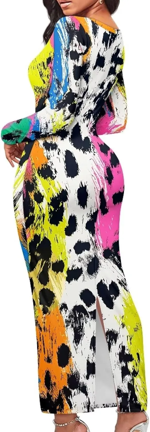 Women's Solid Long Sleeve Scoop Neck Pencil Bodycon Maxi Dress