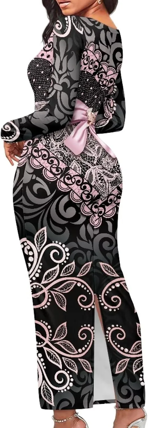 Women's Solid Long Sleeve Scoop Neck Pencil Bodycon Maxi Dress
