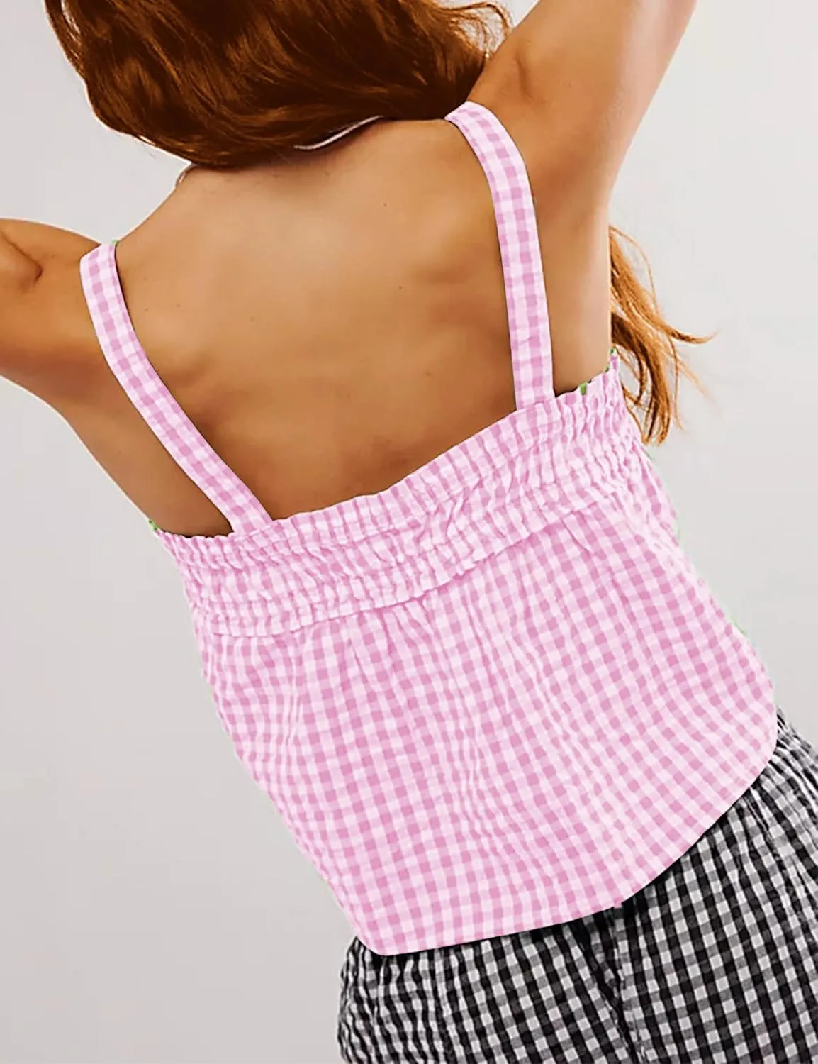 Womens Square Neck Gingham Camisole Summer Spaghetti Strap Backless Cami Shirt Y2k Peplum Babydoll Crop Tank Tops