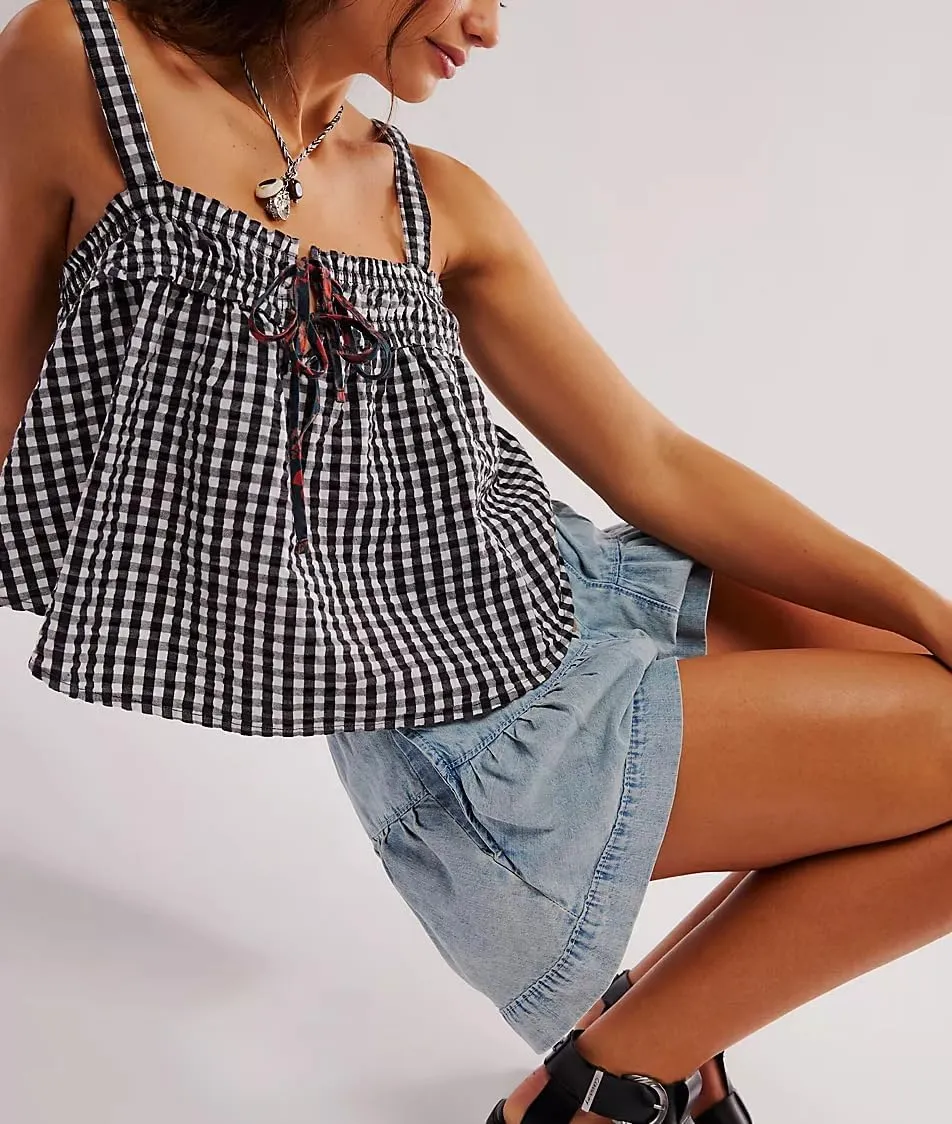 Womens Square Neck Gingham Camisole Summer Spaghetti Strap Backless Cami Shirt Y2k Peplum Babydoll Crop Tank Tops
