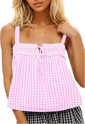 Womens Square Neck Gingham Camisole Summer Spaghetti Strap Backless Cami Shirt Y2k Peplum Babydoll Crop Tank Tops