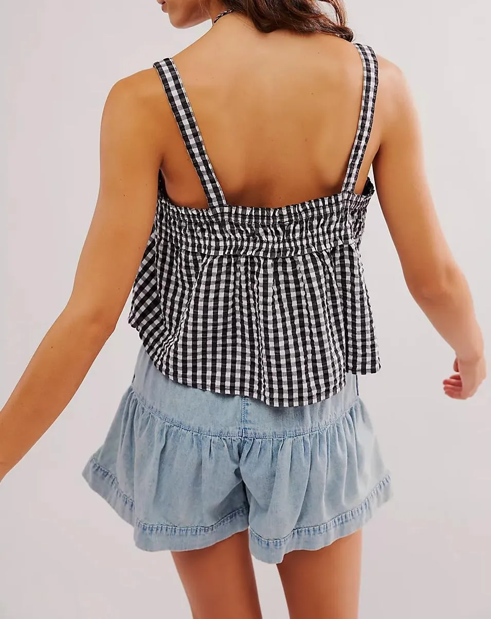 Womens Square Neck Gingham Camisole Summer Spaghetti Strap Backless Cami Shirt Y2k Peplum Babydoll Crop Tank Tops