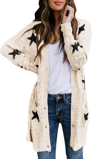 Women's Star Print Button Down Knit Open Front Cardigan Sweaters with Pockets