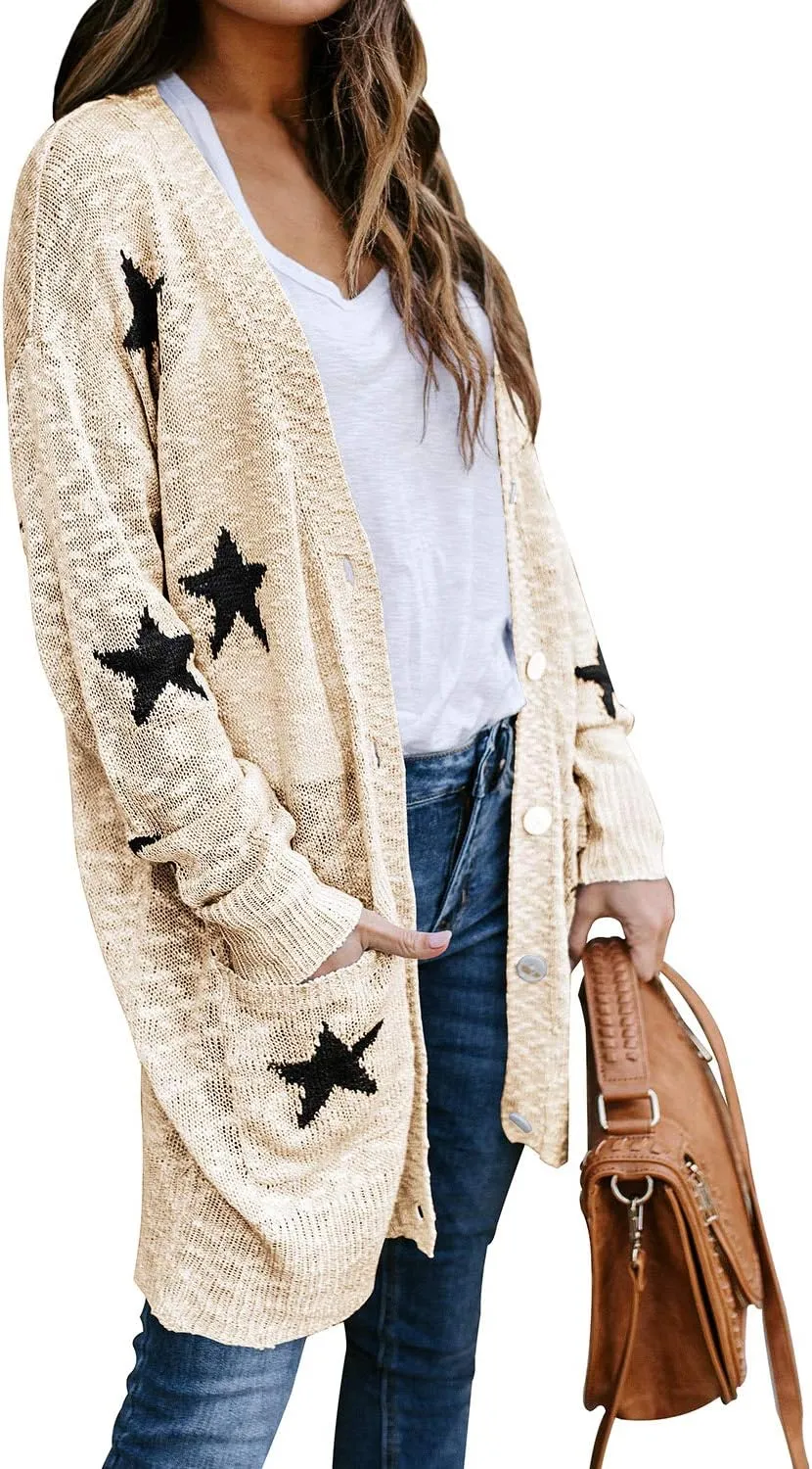 Women's Star Print Button Down Knit Open Front Cardigan Sweaters with Pockets
