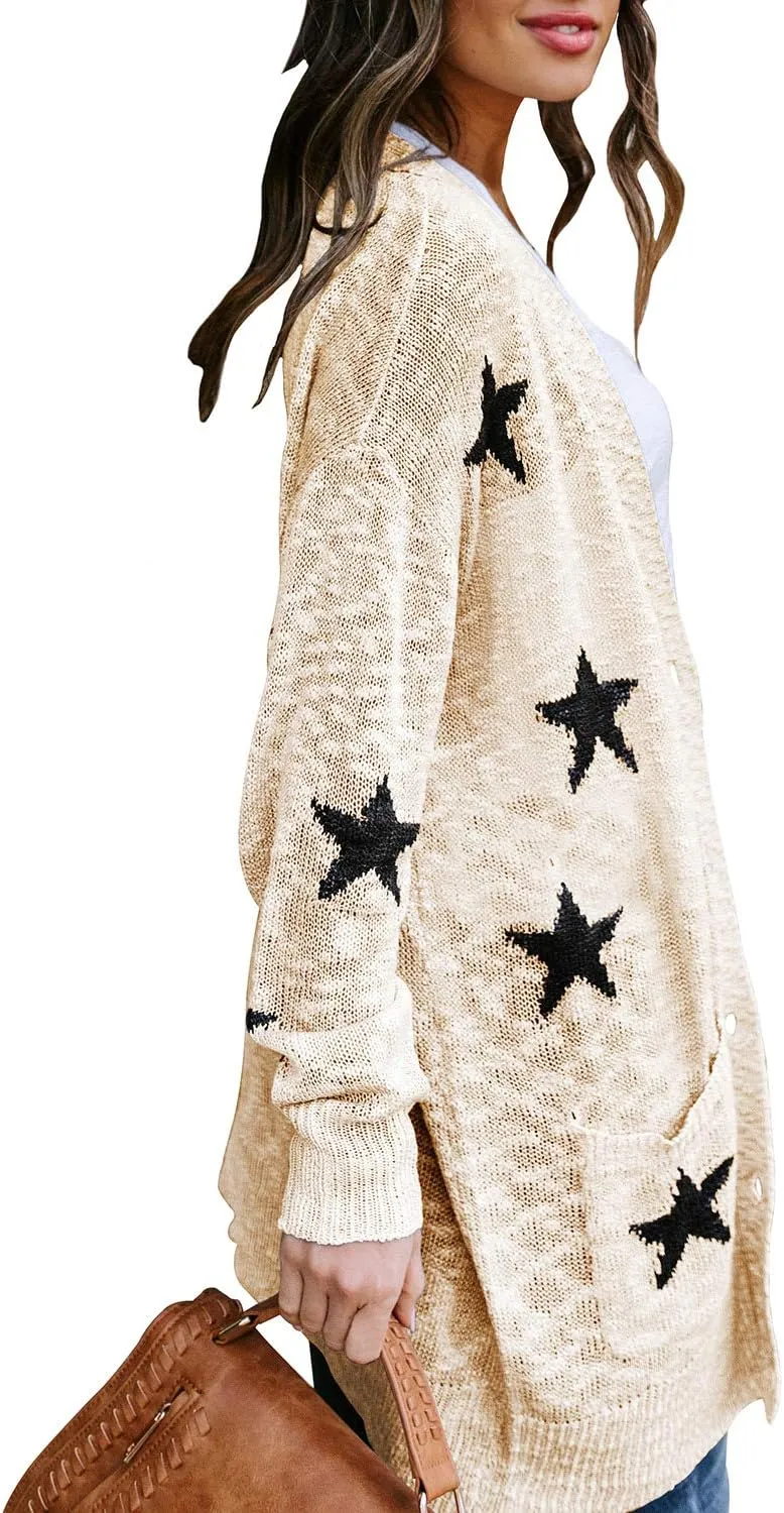 Women's Star Print Button Down Knit Open Front Cardigan Sweaters with Pockets