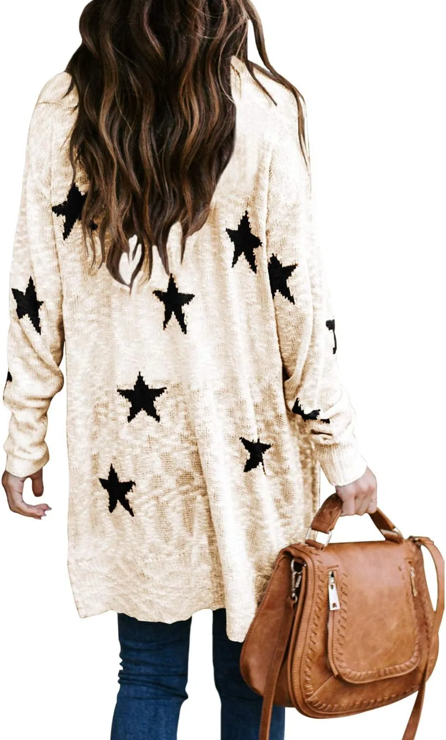 Women's Star Print Button Down Knit Open Front Cardigan Sweaters with Pockets