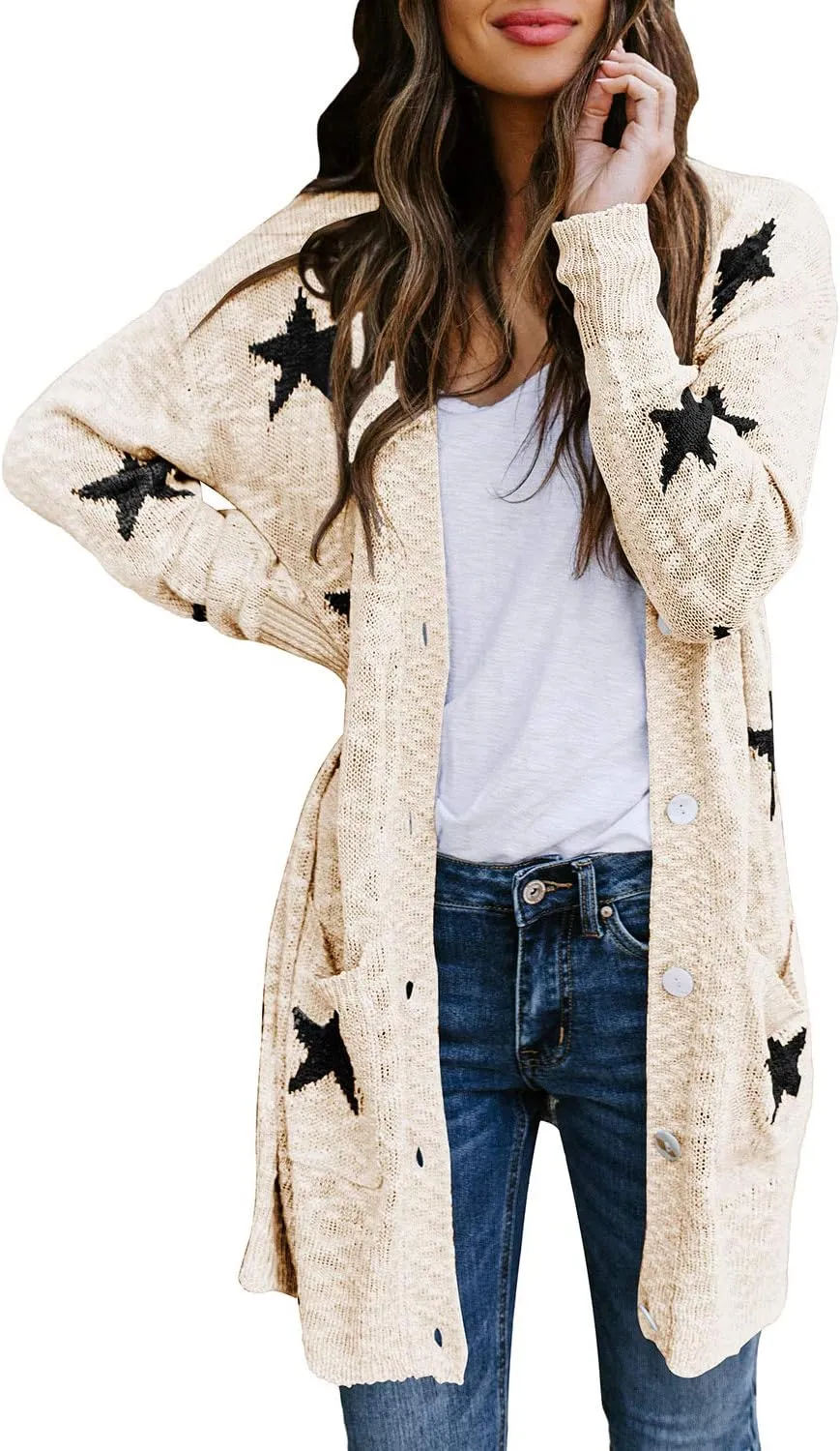 Women's Star Print Button Down Knit Open Front Cardigan Sweaters with Pockets