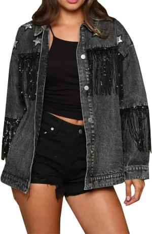 Womens Star Sequin Fringe Denim Jacket Long Sleeve Fringe Jean Jacket Coats