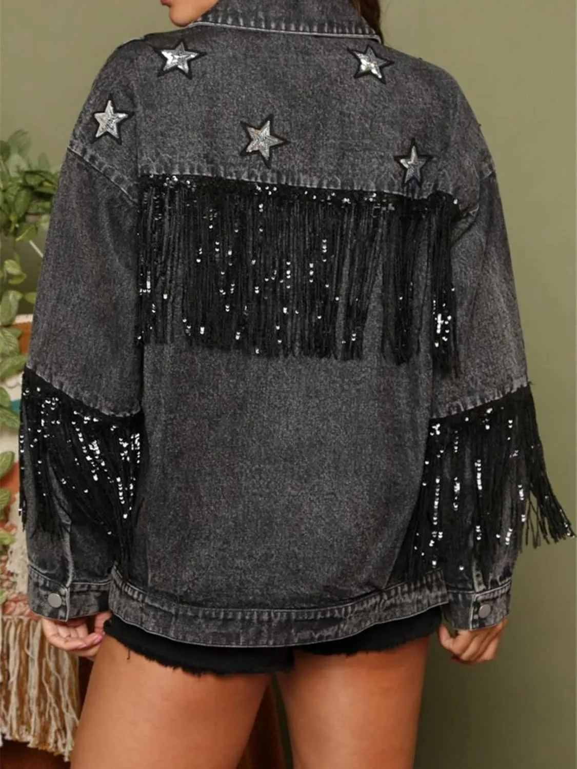 Womens Star Sequin Fringe Denim Jacket Long Sleeve Fringe Jean Jacket Coats